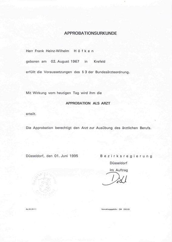 Approbationsurkunde Dr. Frank Höfken