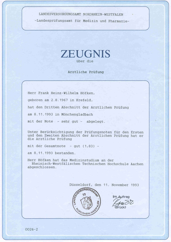 Urkunde 3. Staatsexamen Dr. Frank Höfken